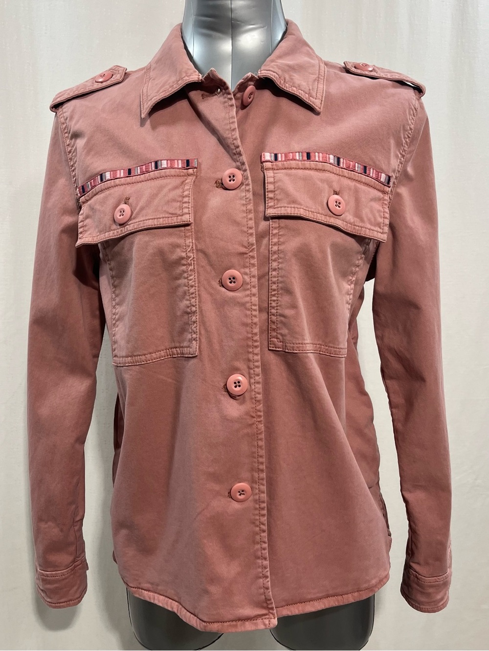 Gap Dusty Pink Utility Army Shirt Jacket Shacket with Striped Trim woman M 1727